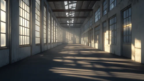 Sunlit industrial corridor renders elongated architectural shadows