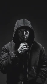Hooded male subject stands in low key monochrome lighting