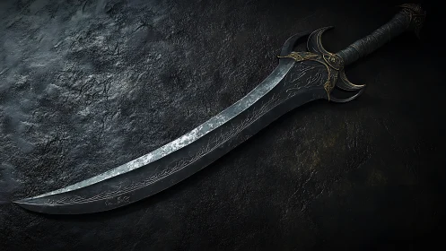 Curved obsidian greatsword with ornate gold inlay on stone.