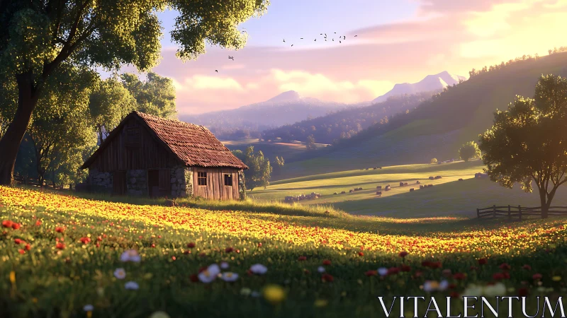 Sunlit 3D rural meadow with stone cabin and distant mountains