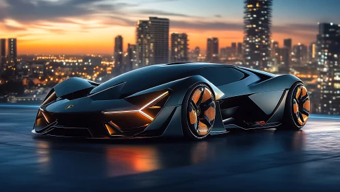 Futuristic electric hypercar on rooftop at dusk, city lights