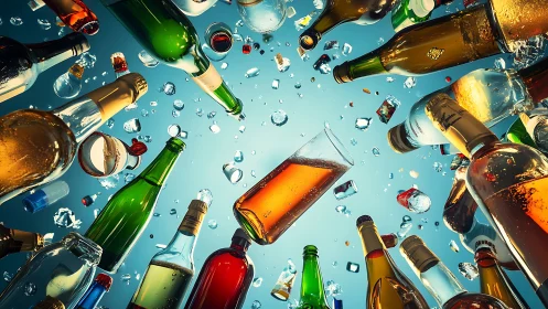 Colorful liquor bottles and ice suspended against blue sky.
