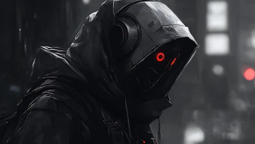 Cybernetic hooded scout in rain-soaked urban backstreet profile.
