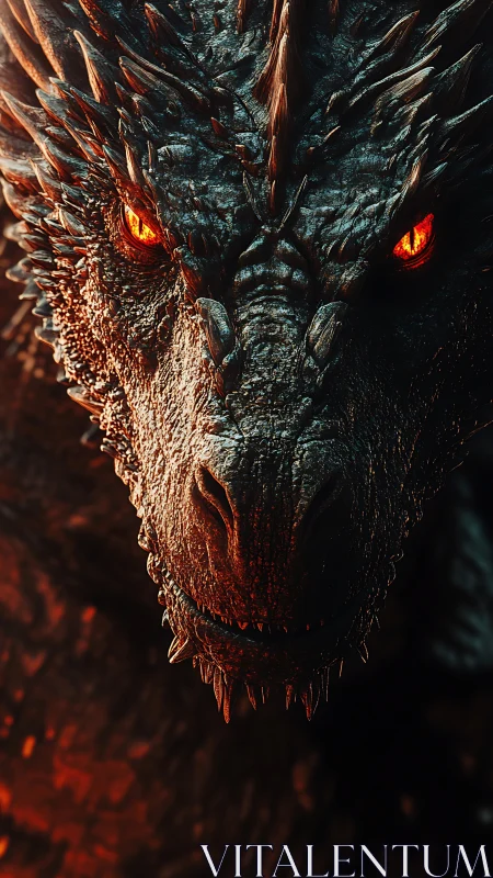 Molten-eyed dragon portrait under dramatic rim light.
