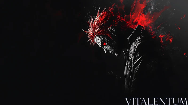 Red haired figure with glowing eyes emerges from darkness