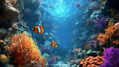 Clownfish drifting through a sunlit underwater coral haven.