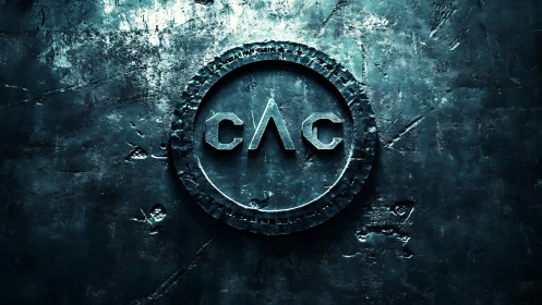 Metallic emblem with CAC text on textured teal wall.