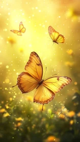 Golden butterflies drift through luminous bokeh meadow light