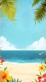 Tropical Beach Paradise with Vibrant Flowers and Clear Sky.