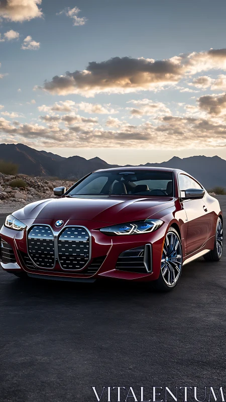 Red sports coupe under dramatic sunset sky in desert landscape.