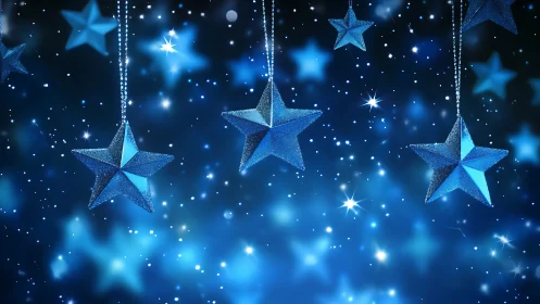 Sparkling blue hanging stars in a dreamy night sky.