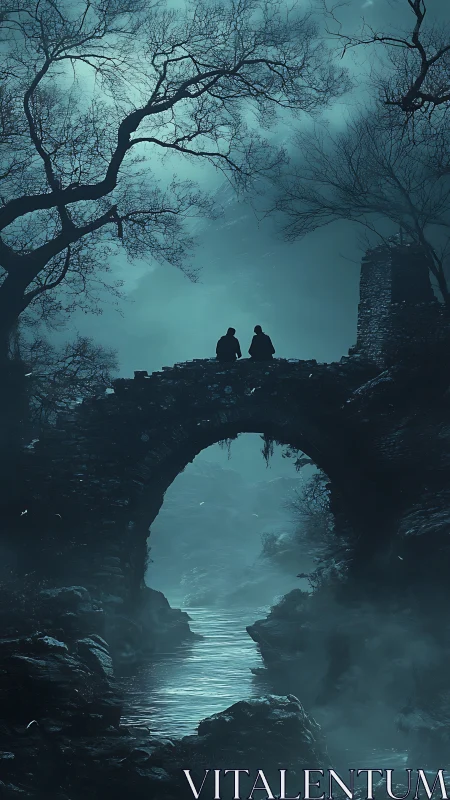 Moonlit ruin bridge frames two silhouettes in misty valley