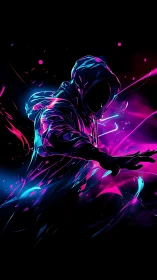 Neon hooded figure commands swirling cyber energy waves.