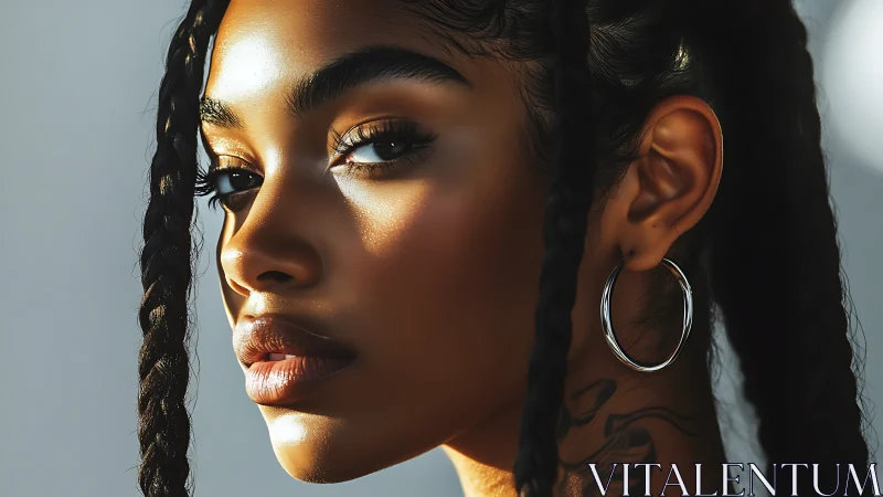 Sunlit braids and silver hoops in quiet, powerful focus.