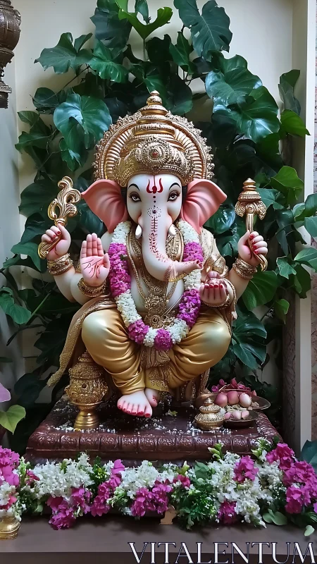Ganesha idol sits adorned with garlands and ornate gold decor
