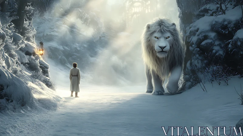 Snowbound boy meets luminous white lion in winter passage.