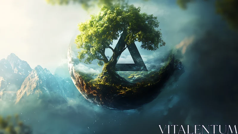 Floating island with lone tree and geometric triangle portal.