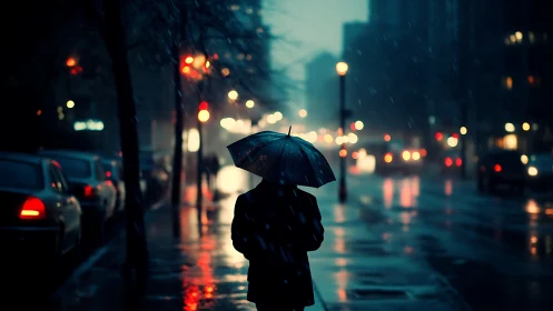 Umbrella wanderer gliding through neon-soaked midnight rain.