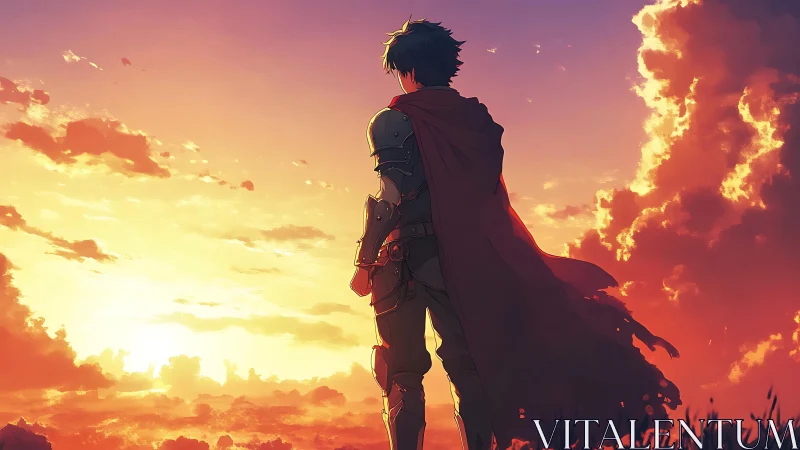 Anime hero silhouette against luminous sunset horizon.
