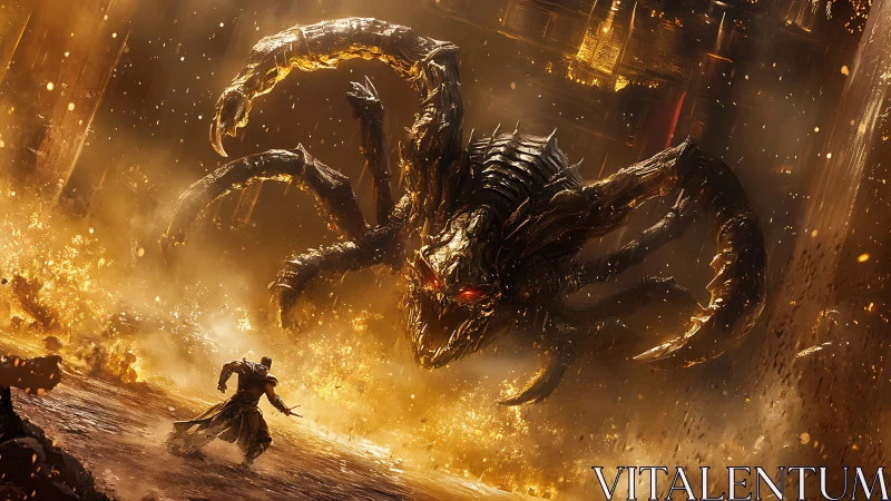 Infernal titan spider descends upon lone blazing warrior.