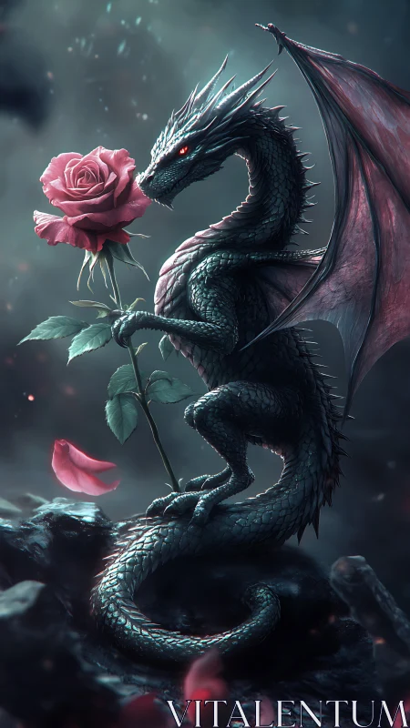 Silver dragon cradles crimson rose in misty twilight.