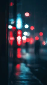Rainy city night with blurred neon street lights view.