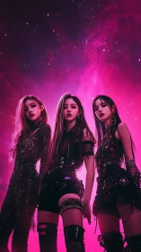 Neon-saturated cyber trio under magenta stellar nebula field.
