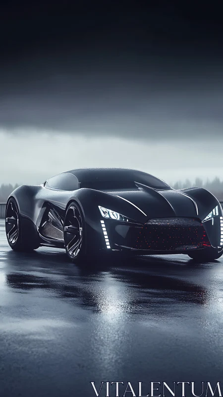 Midnight hypercar rendered on reflective rain-soaked asphalt.