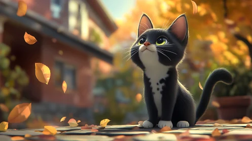 Black and white kitten watches golden autumn leaves fall.