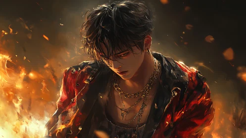 Digital painting of brooding fire-wreathed antihero figure.