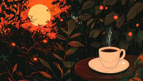 Hot coffee steaming at sunset with autumn foliage background