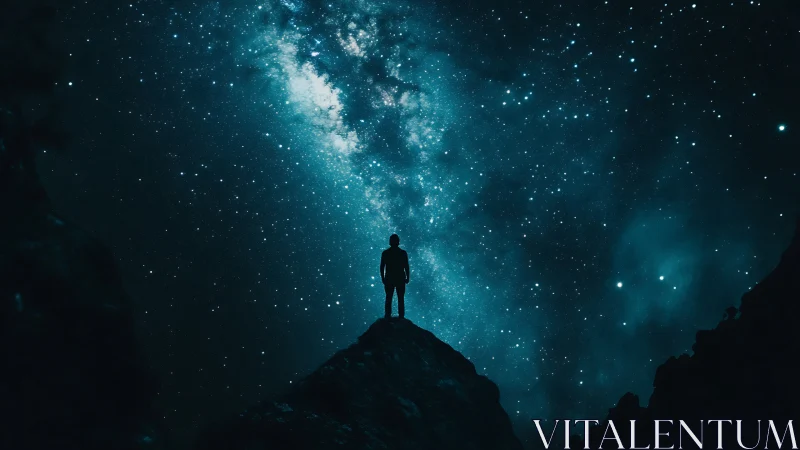 Silhouette on mountain peak under dense teal starfield sky.