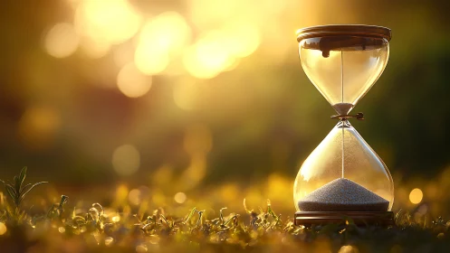 Hourglass glows in golden sunset field, symbolizing quiet time