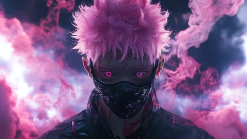 Neon eyed masked hero emerging from swirling pink smoke.