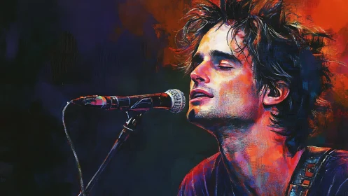 Singer in vivid digital colors at close microphone stand.