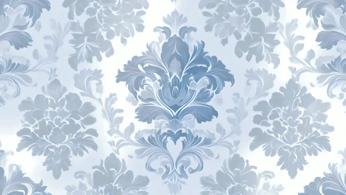 Blue and white damask floral wallpaper surface pattern.