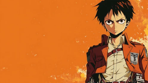 Determined anime soldier stands against flat orange backdrop