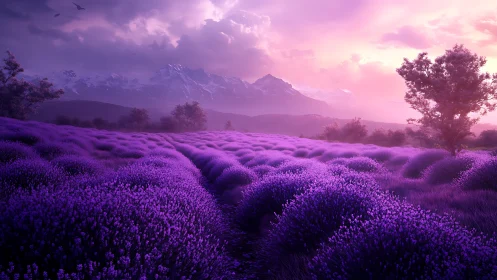 Lavender valley glows under vivid pink alpine sunset sky
