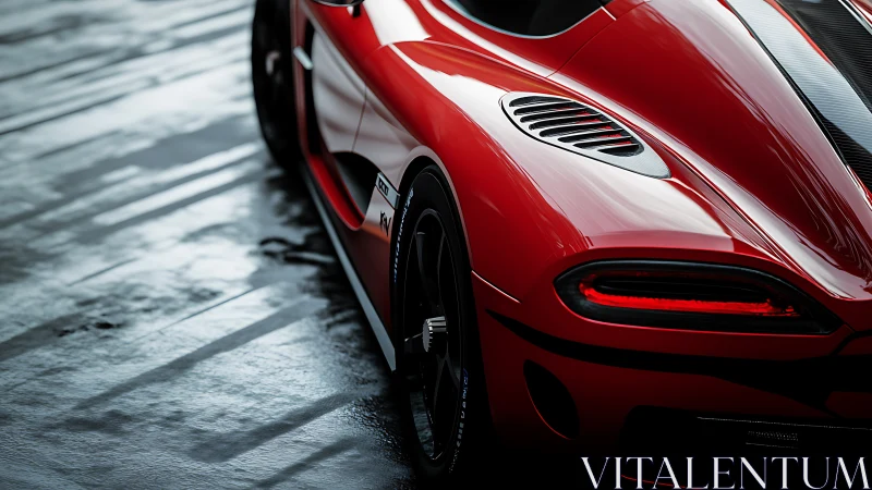 Red supercar rear gleams against a slick, rain-soaked track