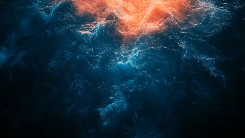 Orange light illuminates turbulent dark blue ocean waves