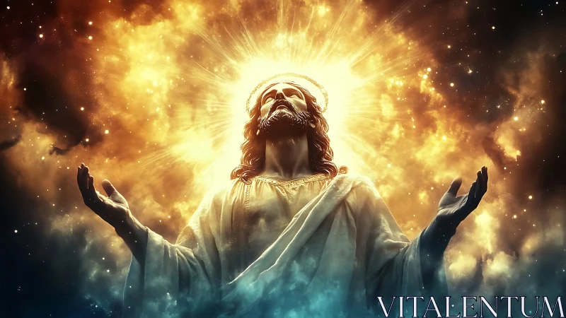 Digital painting of radiant Christ figure in celestial ascension.