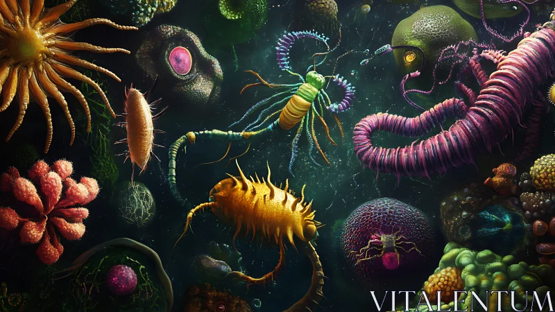 Alien microbial ecosystem rendered in vivid digital detail.