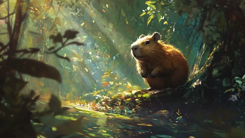 Capybara rests in golden rainforest clearing light.