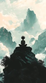Solitary silhouette meditating atop misty mountain spire.