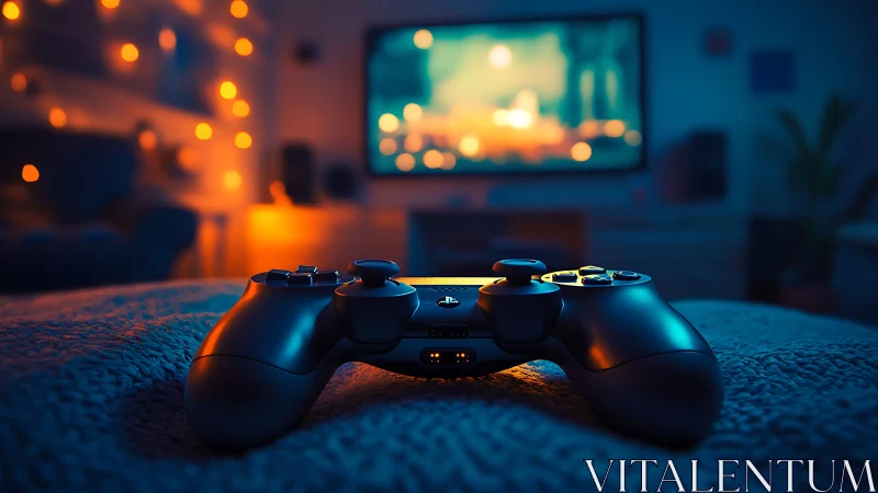 PlayStation controller positioned on textured surface with television backdrop.