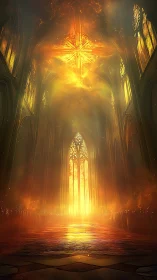 Cathedral nave engulfed in radiant celestial firelight.