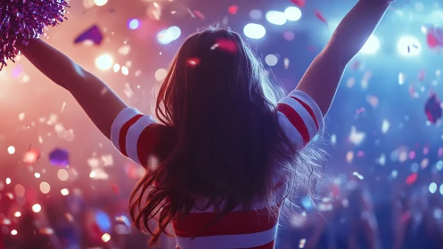 Backlit cheerleader silhouette in bokeh stadium spectacle.