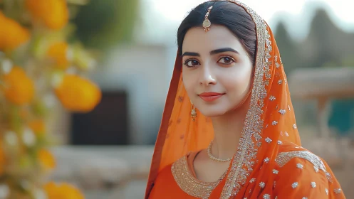 Graceful woman glowing in traditional orange attire outdoors.