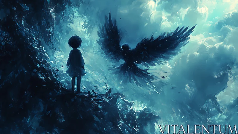 Child silhouette confronts spectral winged figure in azure mist