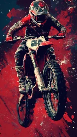Motocross rider launches through explosive red abstract spray.